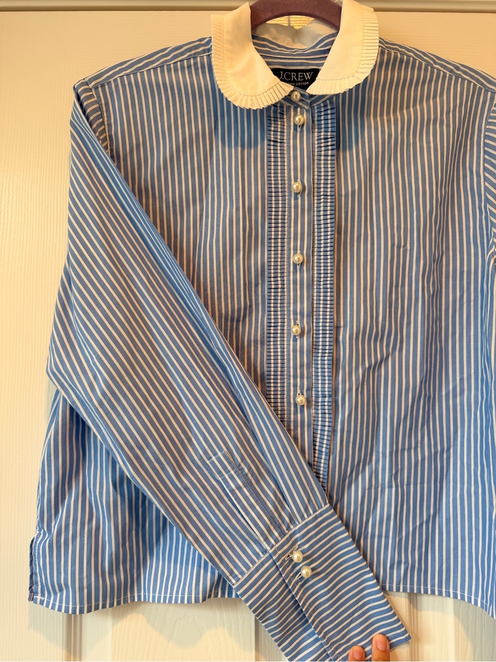 J. Crew Blue and White Striped Button-Down Shirt with White Collar